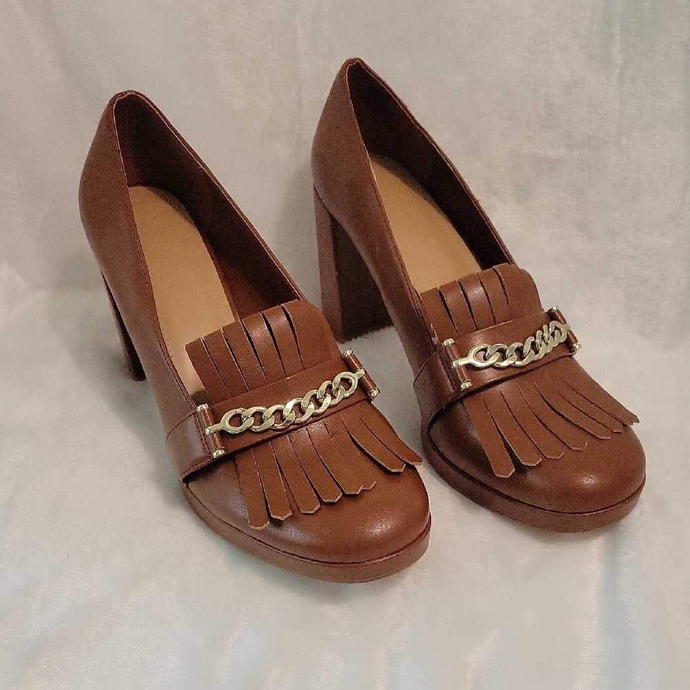 JustFab Brown Fringe Chain Heels